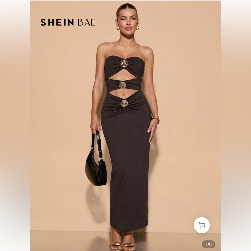 Elegant Brown Maxi Dress with Gold Flowered Detail